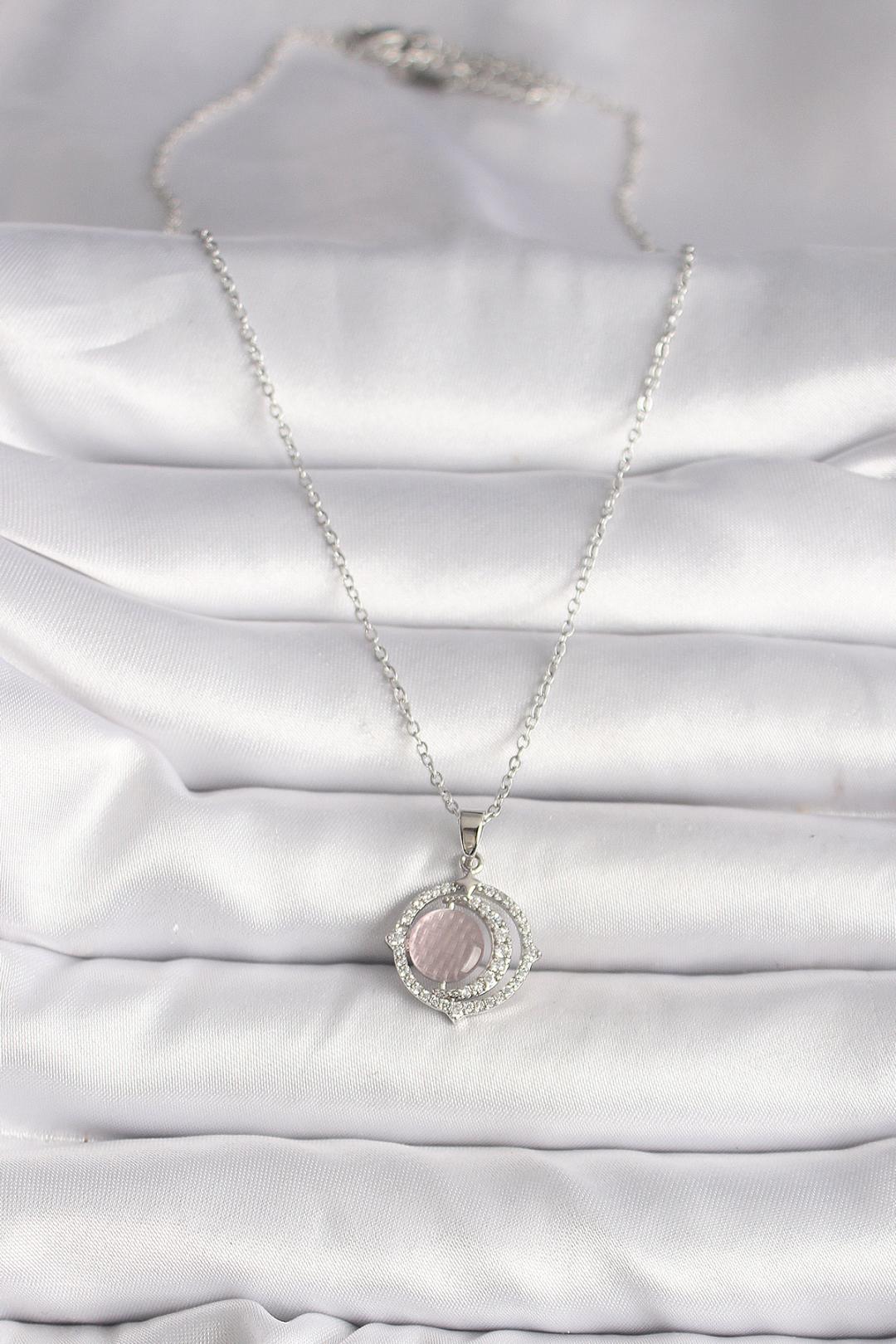 Zirkon Taşlı Pembe Sedefli Hilal Model Kadın Kolye