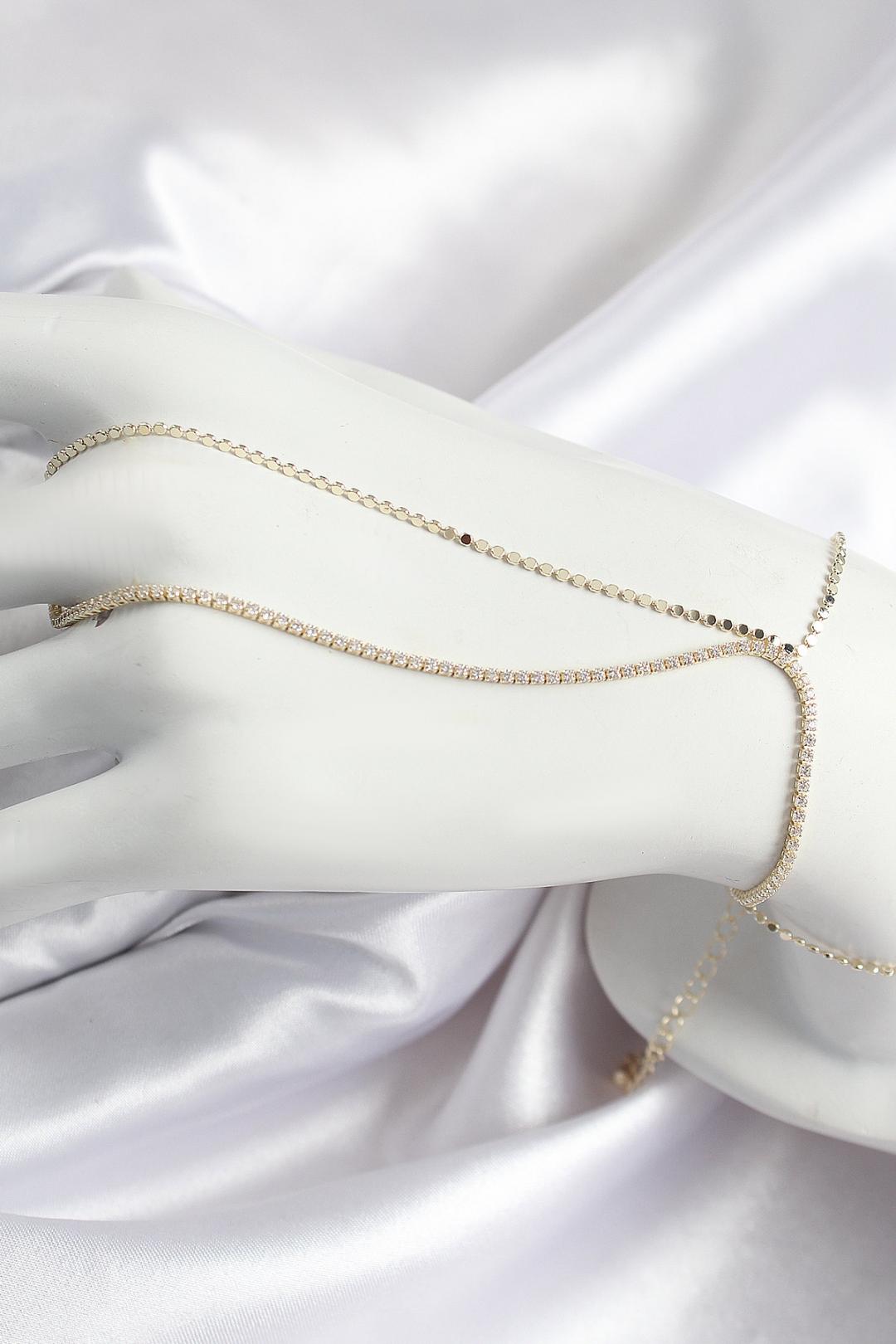 Zirkon Taşlı Ezme Zincir Model Gold Renk Kadın Şahmeran