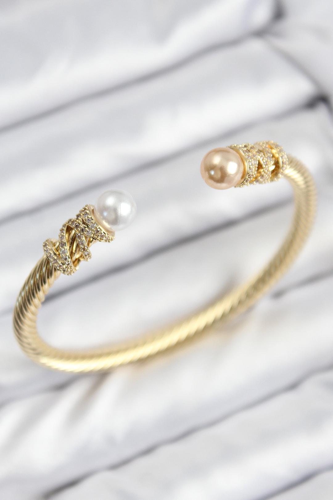 Zirkon Taşlı İnci Model Gold Renk Kadın Bileklik
