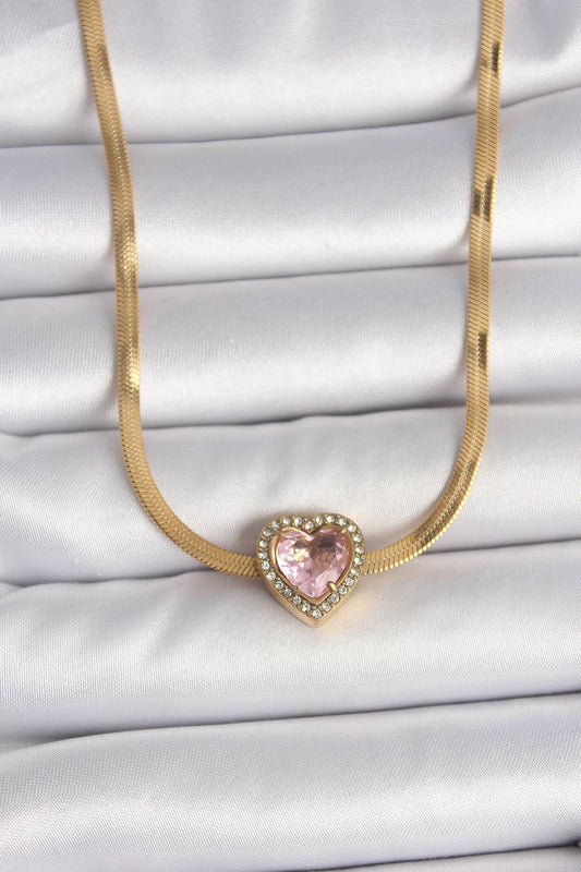 Gold Renk İtalyan Zincir Pembe Zirkon Taşlı Kalp Model Kadın Kolye