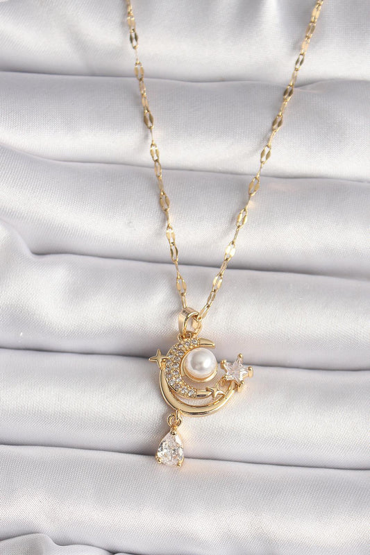 Gold Renk Zirkon Taşlı Ay Yıldız Model Sallantı Detay Kadın Kolye