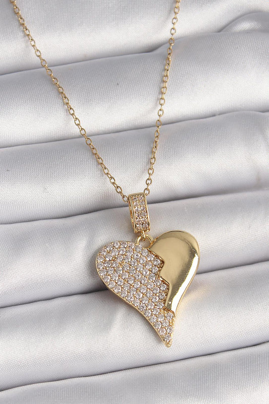 Gold Renk Zincir Zirkon Taşlı Kırık Kalp Model Kadın Kolye