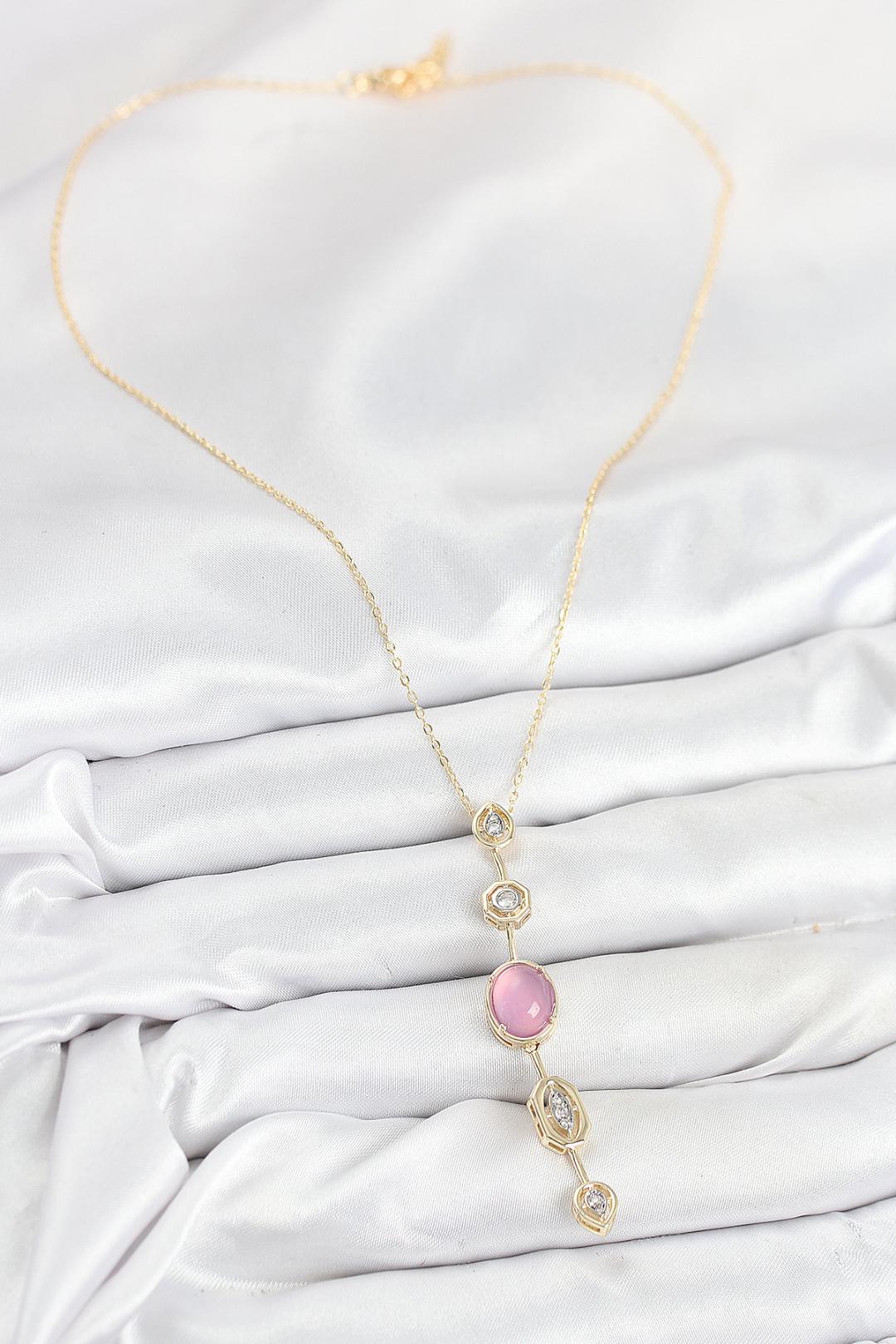 Pembe Gold Renk Zirkon Taşlı Y Kolye