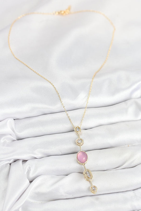 Pembe Gold Renk Zirkon Taşlı Y Kolye
