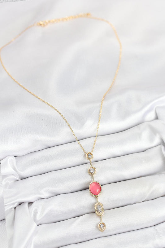Pembe Gold Renk Zirkon Taşlı Y Kolye