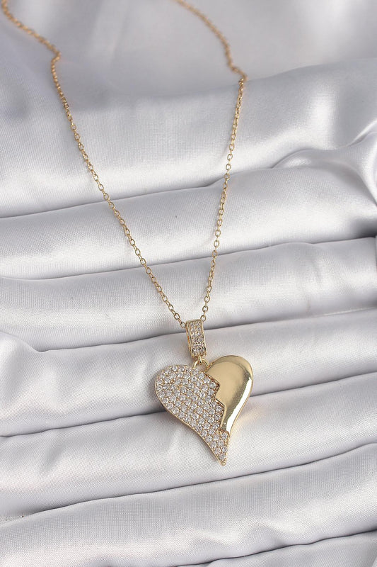 Gold Renk Zincir Zirkon Taşlı Kırık Kalp Model Kadın Kolye