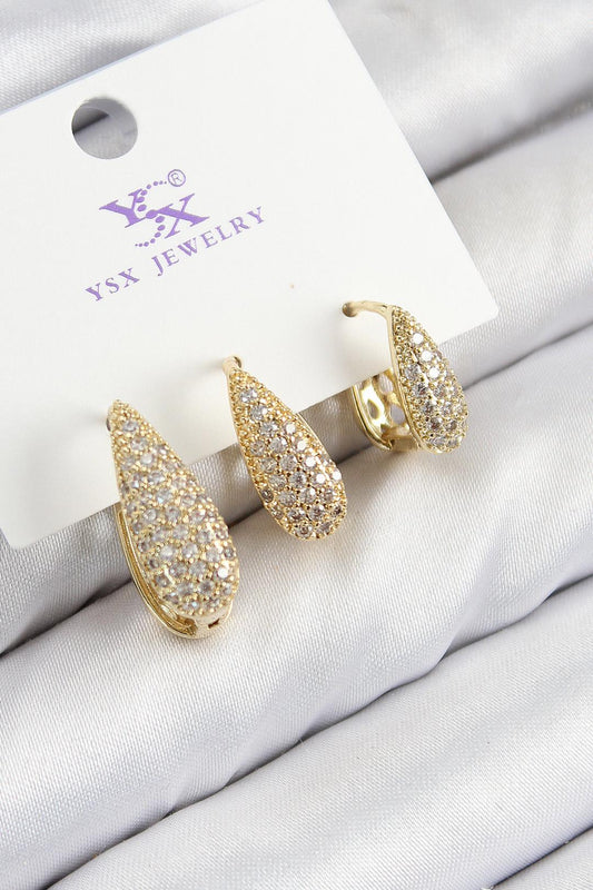Pirinç Zirkon Taşlı 3'lü Damla Model Gold Renk Kadın Küpe